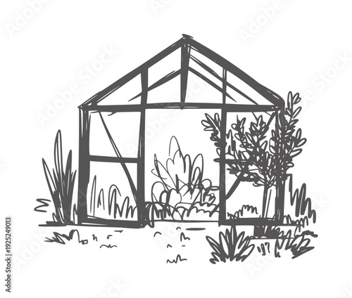 Black and white line of a greenhouse with plants garden nature foliage