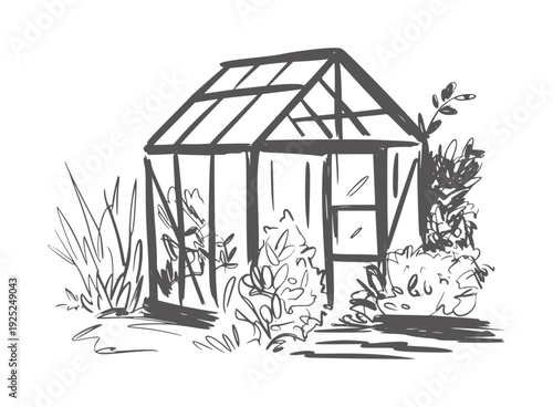 Black and white line of a greenhouse surrounded by plants garden nature