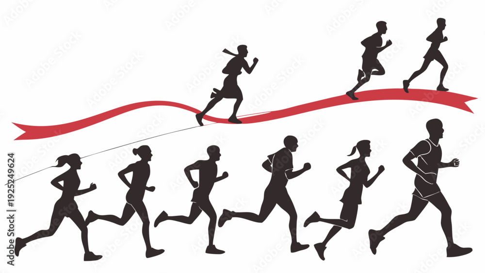 Obraz premium Silhouettes of Diverse Runners Competing in Race Crossing Finish Line Symbolizing Achievement and Fitness Goals