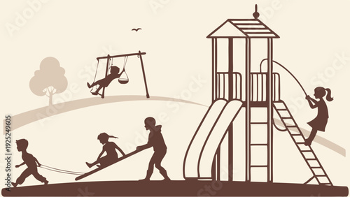 Children Playing Joyfully on Playground Slide Swing Teeter-Totter for Summer Recreation Website Design or Childhood Education Materials