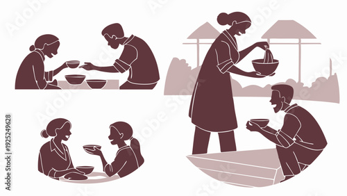Diverse People Sharing Meals Together in Warm Community Settings for Food Aid or Family Dining Illustration