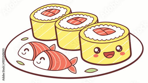 Cute Kawaii Sushi Rolls and Happy Fish Illustration for Food Blog Menus Restaurant Design Fun Japanese Cuisine