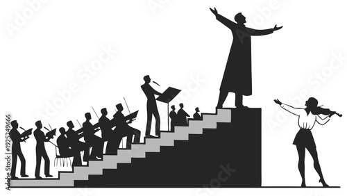 Orchestra Conductor Directing Musicians on Stage Stairs Inspiring Teamwork and Leadership for Music Education or Corporate Success