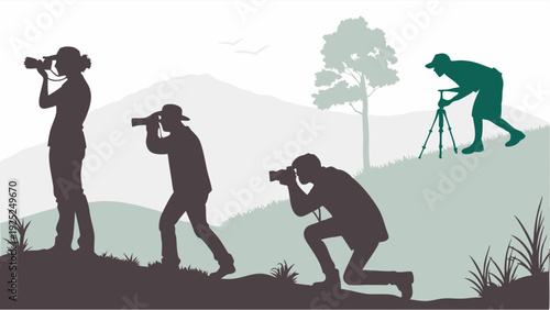 Outdoor Wildlife Photographers Capturing Nature Shots with Telephoto Lenses on Tripod for Adventure Travel Blogs