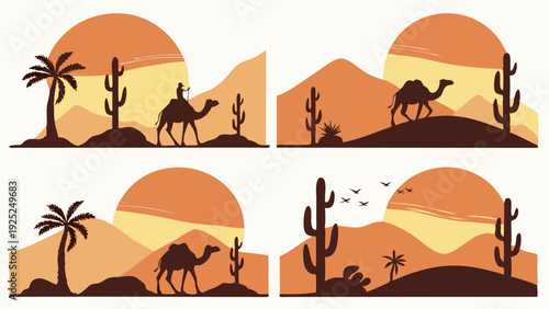 Desert Silhouette Set Camel Caravan Palm Cactus Sunset Travel Adventure Web Banner Graphic Design