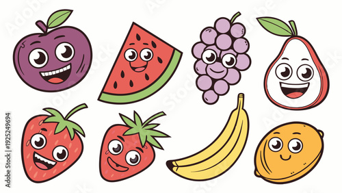 Cute Cartoon Fruit Characters Happy Faces for Kids Food Education Healthy Eating Fun Design Elements
