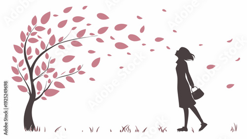 Autumn Wind Blows Leaves Past Woman Silhouette Walking Outdoors for Seasonal Change or Life Transition Design Element