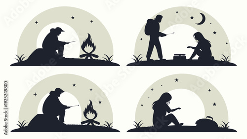 Silhouette Set of Campers Enjoying Nighttime Campfire Activities for Outdoor Adventure Web Design and Travel Brochures