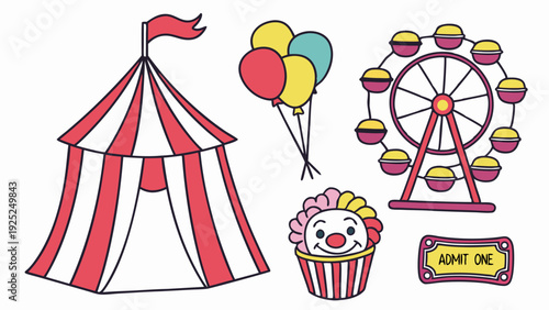 Carnival Fun Icons Set Circus Tent Ferris Wheel Clown Balloons Ticket for Event Promotion Summer Fair Design