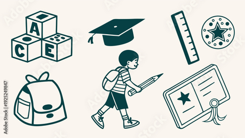 Back to School Education Icons Set Student Backpack Graduation Cap Ruler for Learning Promotion Design