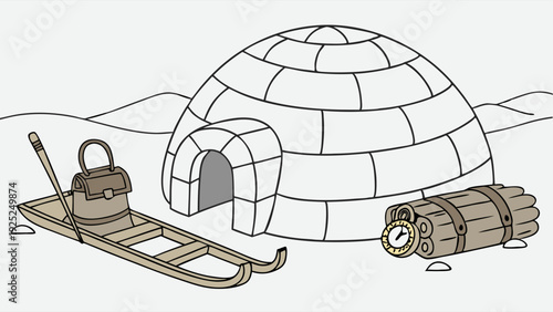Arctic Igloo Shelter with Sled and Firewood for Winter Survival Travel Illustration Design