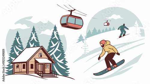 Winter Ski Resort Vacation Scene with Snowboarder, Skier, Cozy Cabin, and Chairlift for Travel and Leisure Advertising