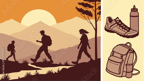 Family Hiking Adventure Sunset Mountains Silhouette with Backpack Shoes Water Bottle Outdoor Recreation Travel Gear