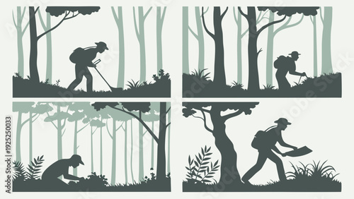 Four Silhouettes of Geologist Explorer Surveying Forest Terrain with Map and Tools for Outdoor Research Adventure