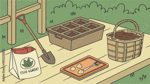 Gardening Preparation Supplies For Spring Planting Seeds Soil Tools On Outdoor Wooden Table For Home Vegetable Growing