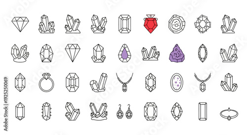 Collection of Various Jewelry Icons and Symbols in Simple Line Art Style.