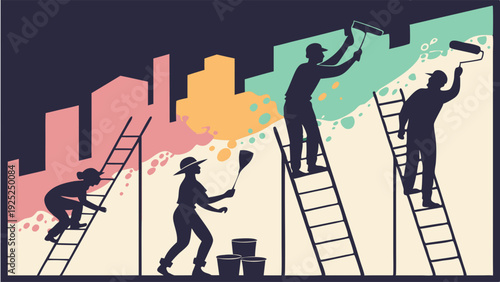 Silhouetted Workers Painting City Wall with Bright Colors for Urban Renewal Project Community Improvement