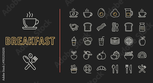 Breakfast icons set with various food and drink elements.