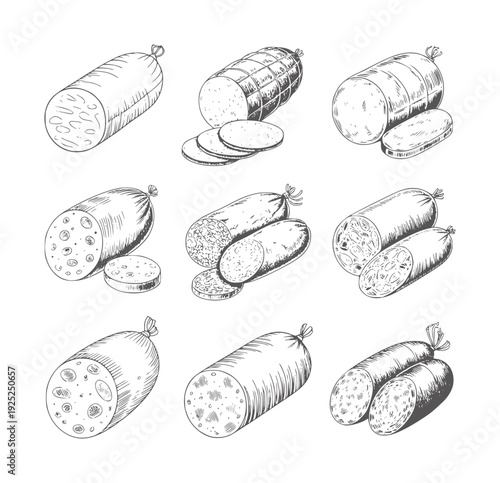 Black and white of various sliced and whole sausages salami meat food