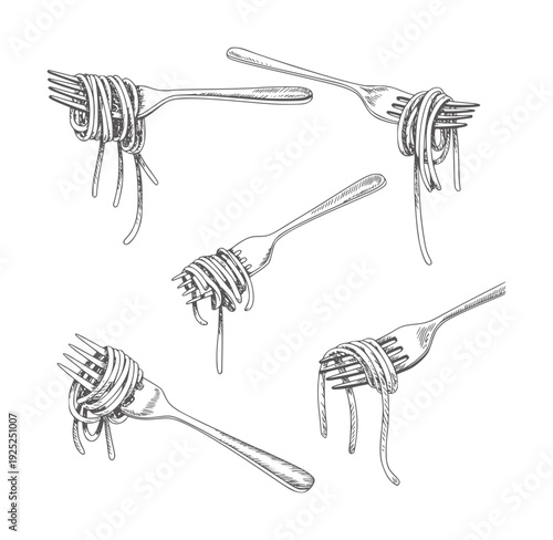 Five forks with tangled spaghetti in style pasta food eating