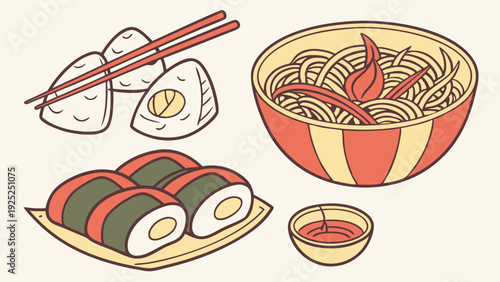Delicious Asian Food Illustration for Restaurant Menus Website Banners Appetizing Noodle Bowl Sushi Rolls