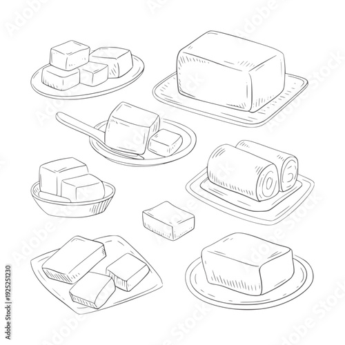 Hand drawn of various tofu cubes and blocks food white black
