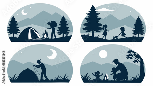 Family Camping Adventure Silhouettes Set Outdoor Recreation Icons for Travel Web Design and Summer Vacation Promotion