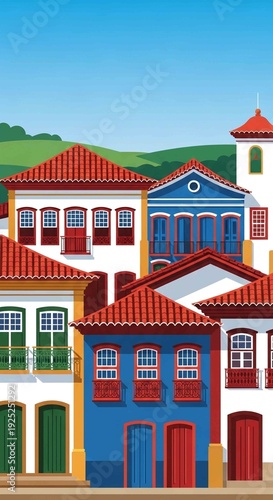 Ouro Preto colonial houses vector illustration, colorful flat design, scalable SVG, Tiradentes,  Inconfidência Mineira, Ouro Preto
