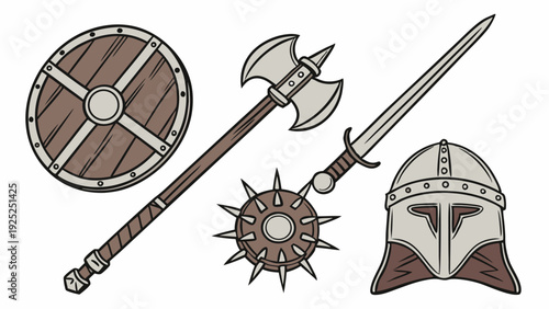 Medieval Warrior Gear Set Shield Axe Mace Sword Helmet for Fantasy Game Design Adventure Promotion