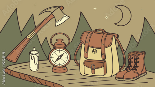 Rustic Camping Gear Axe Compass Lantern Backpack Boots for Wilderness Adventure Travel Illustration Design