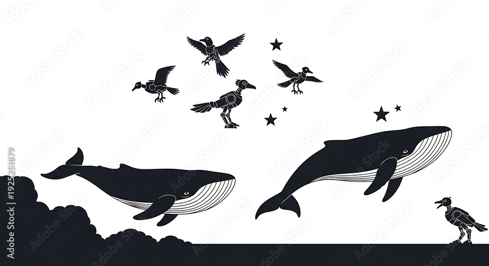 Obraz premium Whales and Birds Silhouettes in a Minimalist Black and White Design.