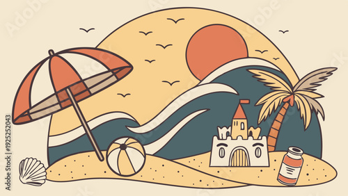 Summer Beach Vacation Scene with Sandcastle Waves Palm Tree and Sun for Travel Holiday Advertising Design