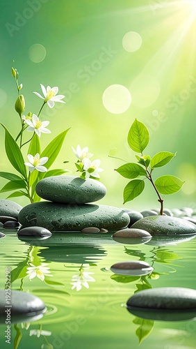 Zen Garden's Tranquility: Serene composition showcasing balanced stones in a tranquil pool, graced by delicate blossoms and budding sprouts, reflecting the harmonious beauty of nature. 