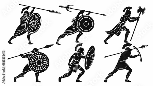 Ancient Greek Warrior Hoplite Soldiers Charging with Spears Shields and Axe for History Design or Gaming Assets