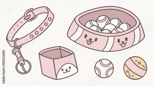 Cute Pink Pet Supplies Dog Toys Collar Bowl for Animal Care Website Design or Cute Pet Shop Graphics