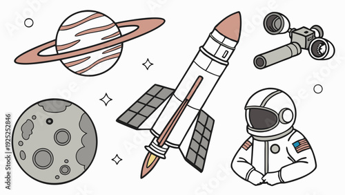 Space Exploration Icons Set Astronaut Rocket Planet Moon for Science Education Web Design Projects
