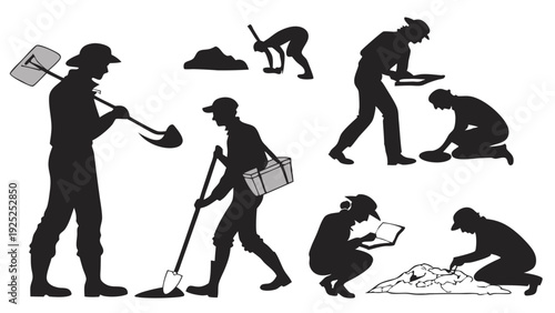 Archaeology Dig Site Excavation Silhouettes Workers Uncovering Artifacts for Historical Research and Field Survey Projects