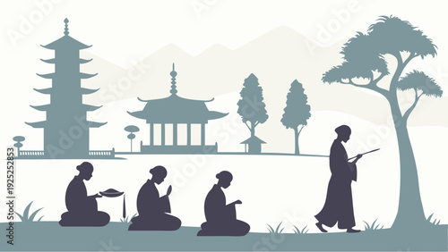 Buddhist Monks Meditating and Walking Near Pagoda Temple for Spiritual Retreat or Zen Lifestyle Design Projects