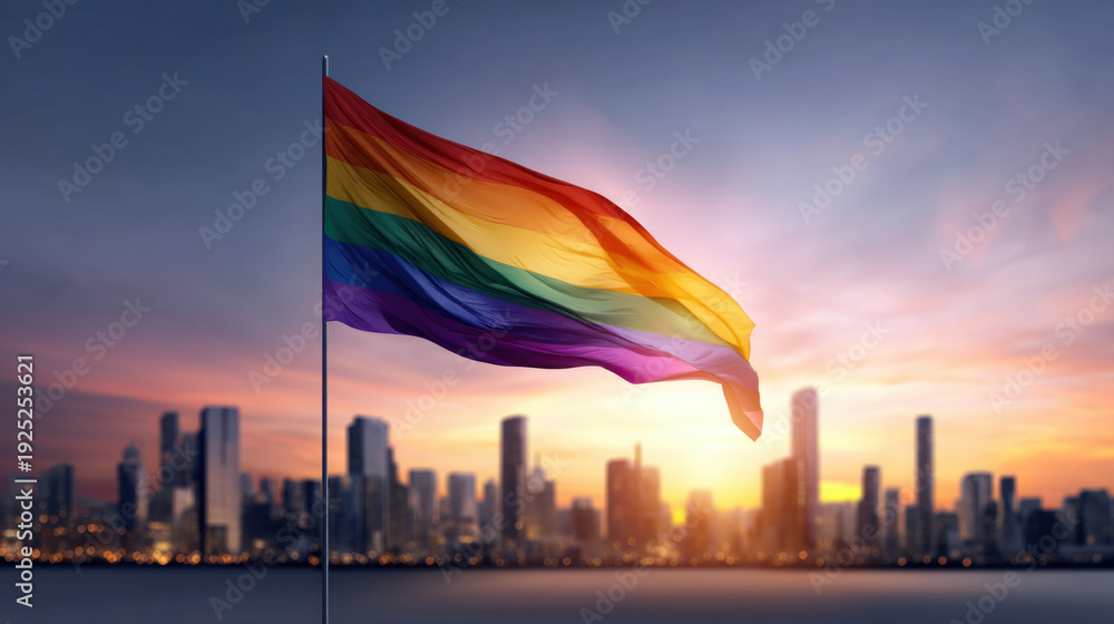 Naklejka premium A proud LGBT flag waving in front of a modern city skyline during sunset. Lesbian couple friends generation z.
