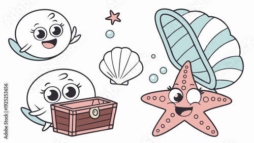 Cute Cartoon Underwater Sea Life Characters Starfish Shell Treasure Chest for Kids Game Design or Ocean Party Invitation Graphics