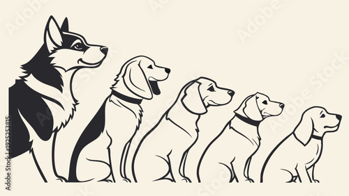 Lineup of Five Dogs Sizing Up From Large Husky to Small Puppy for Pet Store Display or Veterinary Growth Chart Graphic Design