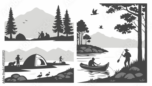 Outdoor Adventure Camping Kayaking Silhouettes for Travel Brochures Vacation Web Banners Summer Recreation Design