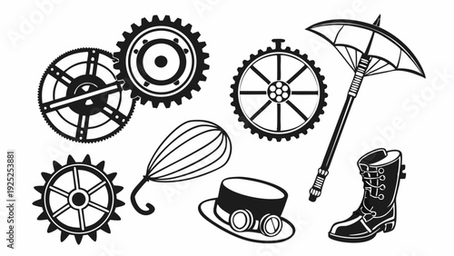 Steampunk Gear Icons Set Victorian Accessories Goggles Top Hat Boots for Retro Sci-Fi Design Projects