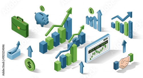 Financial growth concept with 3d green and blue graphs arrows piggy bank briefcase and computer screen on white background illustrating business success and profit increase