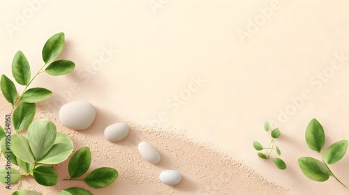 A minimalistic composition featuring delicate green foliage and rounded stones creating a sense of tranquility and natural beauty on a soft sandy textured surface