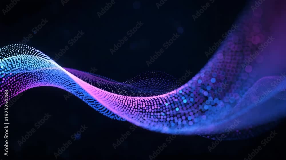 Flowing abstract wave made of glowing particles and gradient colors against dark background