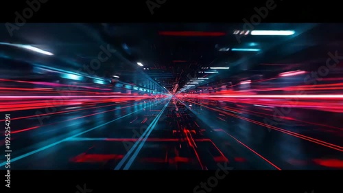 Abstract motion light trails forming futuristic tunnel effect with red and blue neon streaks