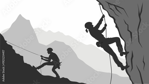 Silhouette of Climbers Ascending Steep Mountain Rock Face for Adventure Sports Web Design or Outdoor Challenge Motivation
