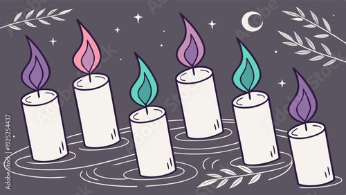 Six Floating Advent Candles With Colorful Flames on Dark Water for Holiday Celebration Design