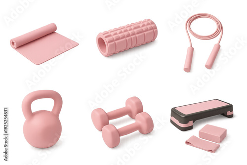 Pink home fitness equipment set including yoga mat, foam roller, jump rope, kettlebell, dumbbells, step platform and yoga blocks